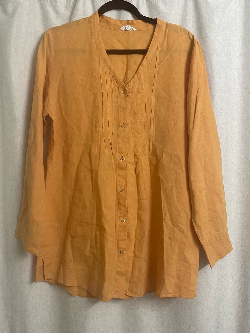 Eileen Fisher 100% Linen Pintuck Button Front Tunic Blouse M Orange
